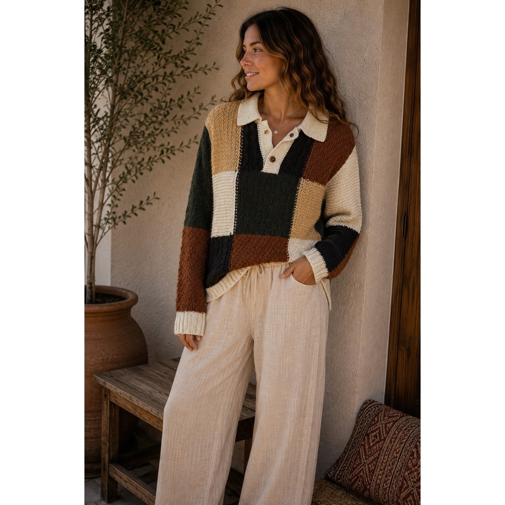 Hem & Thread Women Patchwork Knit Polo Sweater Multi Earth Tone Small NWT